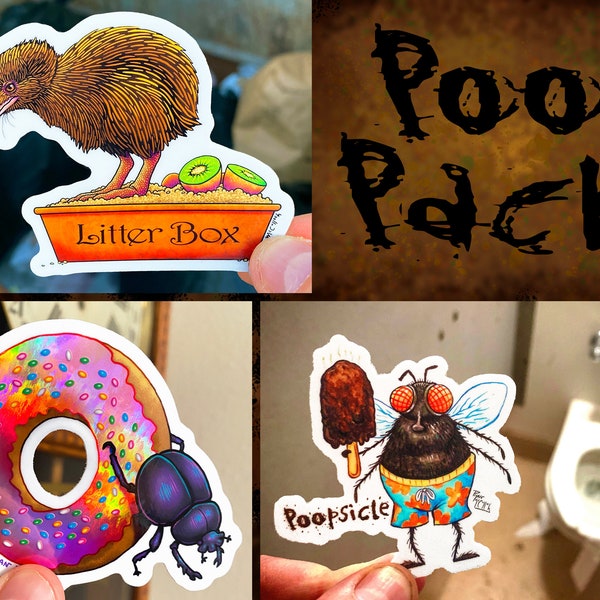 3 Poop Stickers: Holographic & Vinyl Sticker-Pack! WHITE ELEPHANT GIFT! Dung Beetle Donut, Kiwi, Housefly w/ Poo Popsicle, gross stickers
