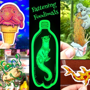 FOOD ANIMALS Sticker-Pack of 5 Glitter, Glow-In-The-Dark & Clear stickers: Blobfish, Hammerhead Shark Pizza, Chow Mein Koala, Burrito Decal