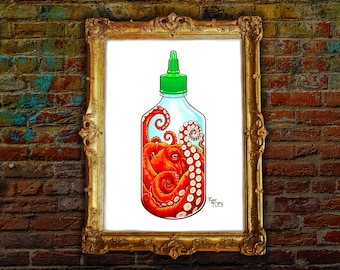 Podpisany wydruk artystyczny: „Srirachtopus” Czerwona ośmiornica w butelce Sriracha, surrealistyczny obraz, koreański ostry sos chili, Hoy Fong, Food Animal Mashup, morze