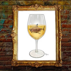 Podpisany wydruk artystyczny: „Great White Chardonnay” Szklanka do wina białego z rekinem Surrealistyczny obraz, nowoczesny dom na plaży, wystrój marynistyczny, sztuka ścienna w stylu oceanicznym, wino