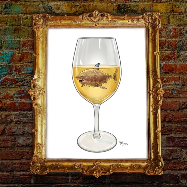 Signed Art Print: "Great White Chardonnay" Shark White Wine Glass Surreal Painting, Modern Beach House, Nautical Decor, Ocean Wall Art, Vino