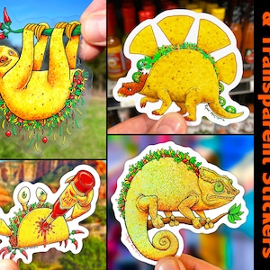 May include: Four colorful stickers featuring a sloth, a dinosaur, a chameleon, and a crab, all wearing or holding a taco. The stickers are holographic and have a glitter finish. The text "Glitter, Holographic, & Transparent Stickers" is visible in the image.