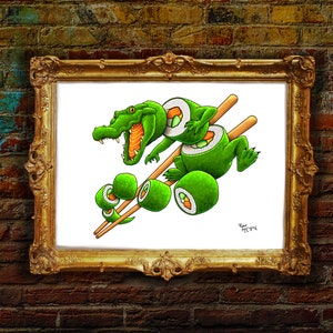 Signed Art Print: Gator Roll Alligator Sushi, Surreal Art, Funny modern painting for unique home decor chopsticks, sashimi, alligator art image 1