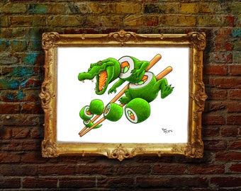 Signed Art Print: "Gator Roll" Alligator Sushi, Surreal Art, Funny modern painting for unique home decor! chopsticks, sashimi, alligator art