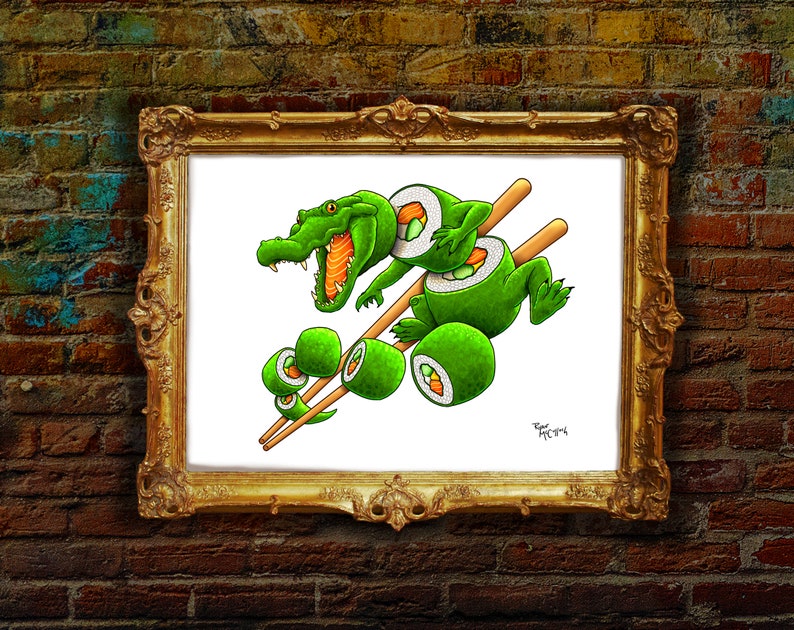 Signed Art Print: Gator Roll Alligator Sushi, Surreal Art, Funny modern painting for unique home decor chopsticks, sashimi, alligator art image 1