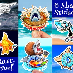 Shark Sticker Pack of 6: Vinyl WATERPROOF Stickers, Shark Gift, Cute Shark, Shark Eye, Humorous Funny Sharks, Goblin Shark Art, Great White