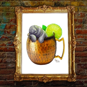 Signed Art Print: &quot;Moscow Manatee&quot; Surreal Painting, Manatee In Moscow Mule Copper Mug, Green Lime & Mint, Sea Cow Cocktail, Vodka, Wet Bar