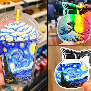 May include: Two stickers featuring a coffee pot with a blue and white starry night design and a coffee pot with a blue and white wave design. The stickers are on a white background.