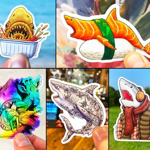 Shark Sticker Pack of 5: Holographic & Vinyl WATERPROOF Stickers, Shark Gift, Tattoo Shark, Cute Shark, Shark Eye, Humorous Funny Sharks