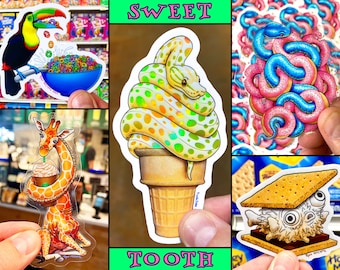 Food Animals Sticker Pack of 5 Clear, Glitter & Holo Stickers: Soft Serve Python, S'mores Pufferfish, Donut Viper, Frappuccino Giraffe, Cute