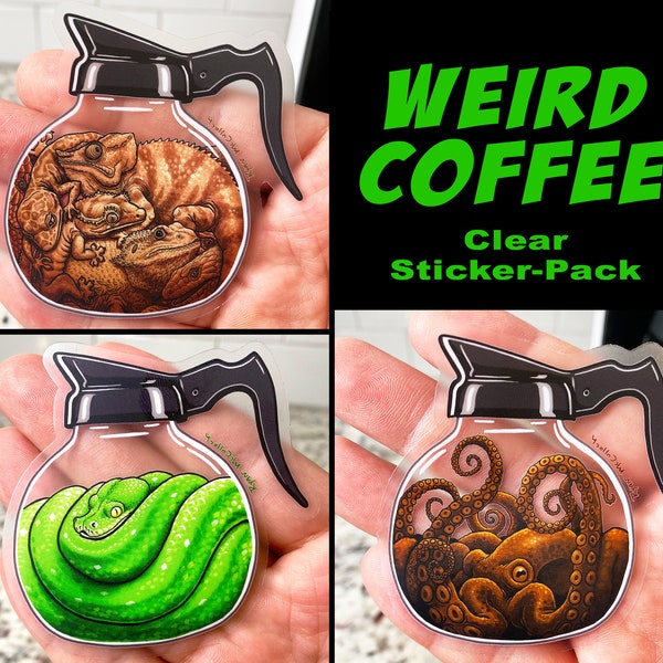 WEIRD COFFEE Sticker-Pack! Transparent Stickers! Octopus, Snake and Reptile Stickers! Dishwasher Safe, Waterproof Decals! Morning Coffee Pot