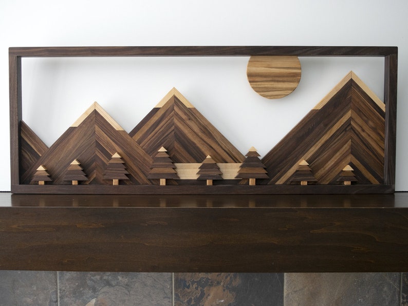 Wooden Wall Art / Wood Decor / Wood Mountain Scene Wall Art / Etsy