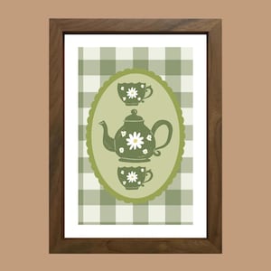Gingham Cottage Collection l Vintage Teapot & Teacups Wall Art Print l Cottagecore Kitchen Decor l Gingham Print l Botanical Teacup Artwork