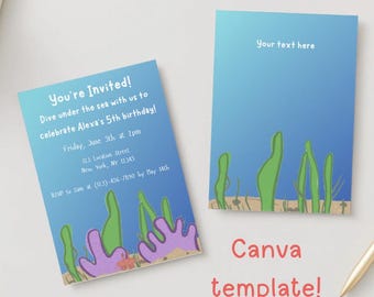 Plantilla de lienzo bajo el mar, invitación para fiesta de cumpleaños, invitación para fiesta de cumpleaños infantil con temática de cangrejo oceánico, invitación para fiesta de lienzo