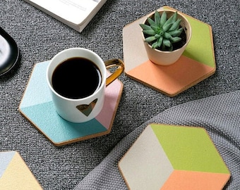 Geometric Coasters, Oversized Multicolored Color Block Hexagon, Set of 4