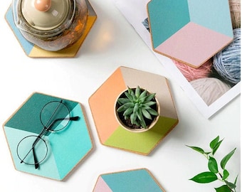 Cork Trivet Set, Multicolored Geometric Color Block Hexagon, Set of 4