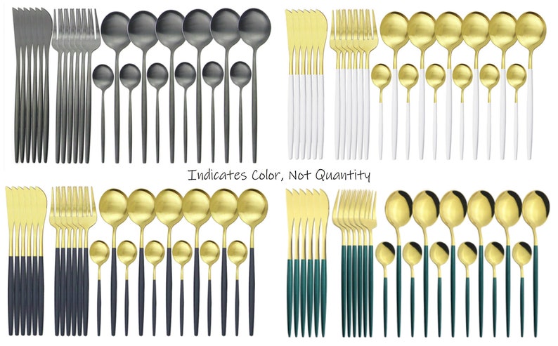 May include: Assortment of modern flatware sets in various colors, including black, gold, and teal. Each set includes forks, knives, spoons, and teaspoons. The text in the image reads "Indicates Color, Not Quantity."