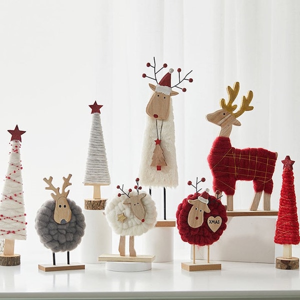 Christmas Home Decor Wool and Wood Felt Reindeer Elk Tree Decorations