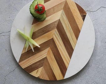 Marble and Wood Herringbone Cheese Charcuterie Cutting Board