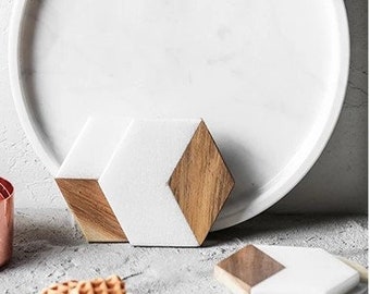 Marble and Wood Coasters, Set of 4 Eco-Friendly Hexagon