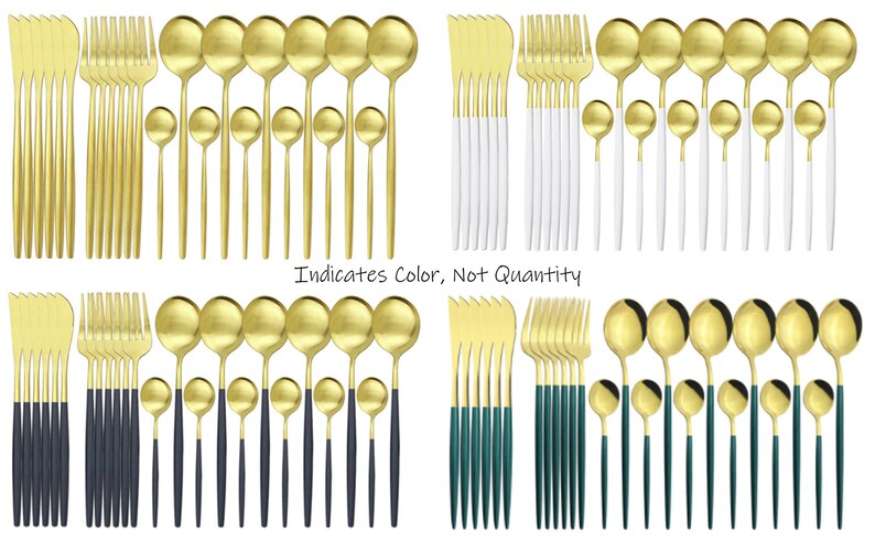 May include: A collection of gold-colored flatware sets, including forks, knives, and spoons. Some sets have white, navy, or teal handles. The text "Indicates Color, Not Quantity" is visible.