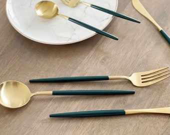 Modern Flatware, Green and Gold, Four Piece Set, Matte Finish, Single Place Setting