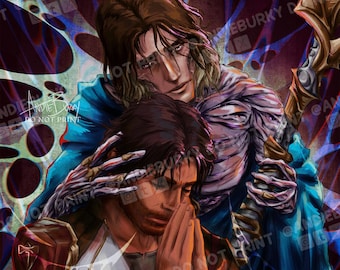 May include: A digital painting of two men, one with long brown hair and a blue and purple robe, holding the other man in a protective embrace. The man being held is wearing a white shirt and has his hands clasped in prayer. The background is a dark, swirling pattern of blue and purple.