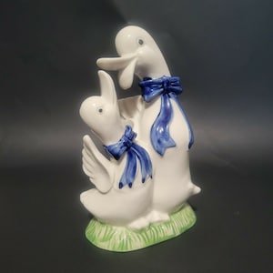 Vtg Ducks With Blue Bows Vase Ceramic Planter Geese Birds Home Decor Garden