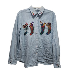Vintage Karen Scott Damjeansskjorta Stor Jultema Broderad 1990-tal