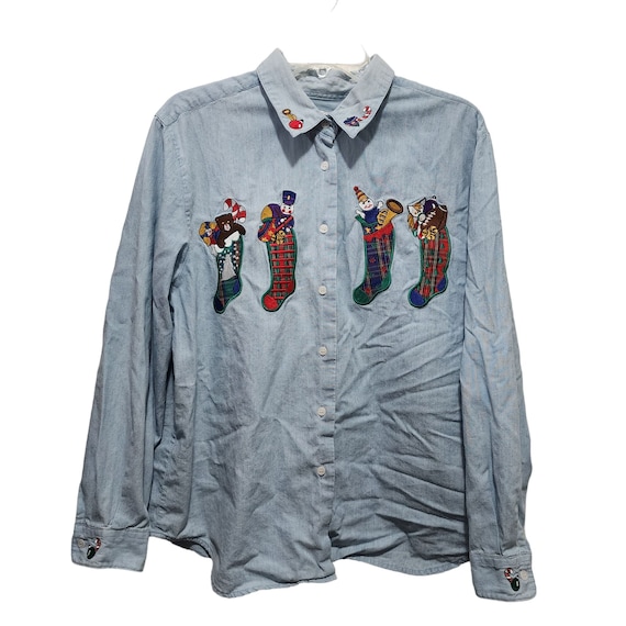 Vtg Karen Scott Womens Denim Shirt Large Christmas Themed Embroidered 1990s Etsy Norway
