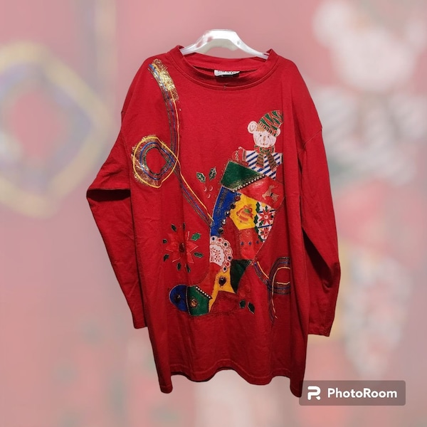 Vtg Ugly Christmas T Shirt One Size Long Sleeve Embellished Gaudy Shoulder Pads