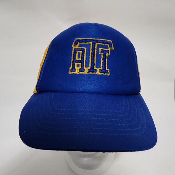 Vtg Trucker Hat ATI Mesh Snapback Blue Gold 80s - image 4