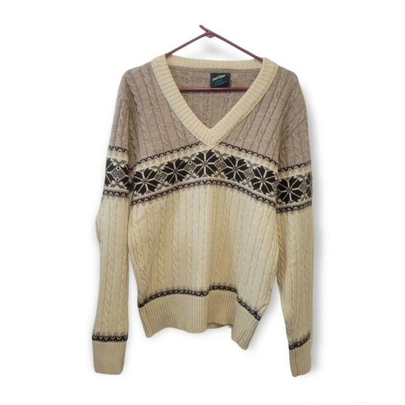 Vtg Puritan Womens Cable Knit Sweater XL V Neck Cream Brown Design 