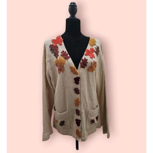 Vintage J Two New York Cream Fall Leaf Embroidered Knit Cardigan Sweater Sz XL