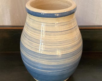 Vintage Blue and Cream Brushed Stripe Pottery Vase