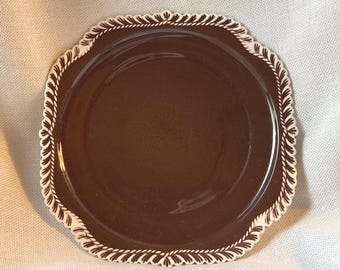 Vintage Harker Pottery Pate Sur Pate Chocolate Brown White Trim Square Luncheon Plate