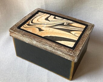 Black, Gold, and Silver Marbled Paper Papier Mache Decorative Box