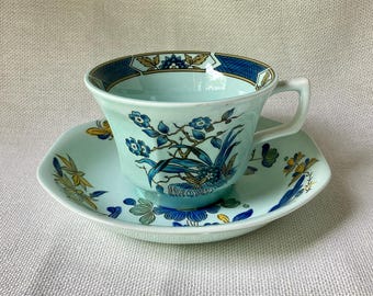 Vintage Adams English Ironstone Calyx Ware Ming Toi Cup and Blue Parrot Saucer