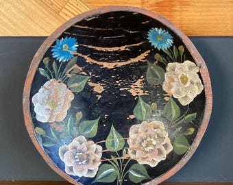 Vintage Hand Painted Carved Wooden Folk Art Style Floral Decorative Bowl Made in Mexico