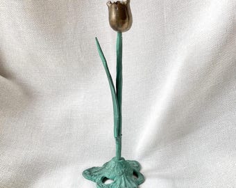Vintage India Brass and Green Patina Tulip Style Candlestick