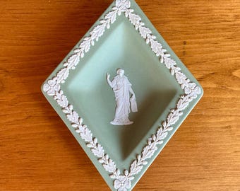 Vintage Wedgwood Green Classical Figure Diamond Shaped Trinket / Jewelry Dish
