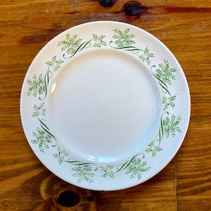 May include: White ceramic plate with a green floral design around the rim. The plate has a slightly raised center and is set against a wooden surface. The floral pattern is a delicate, repeating design.