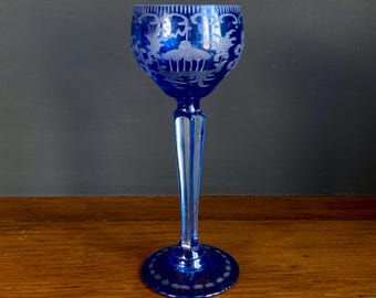 Vintage Czech Bohemia Deer Blue Glass Miniature Goblet