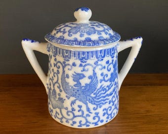 Vintage Japanese Porcelain Blue and White Phoenix Transfer Ware Sugar Bowl
