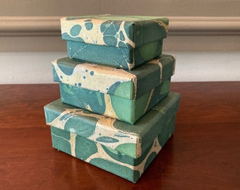 Vintage Set of 3 Green and Gold Marbled Paper Small Nesting Boxes