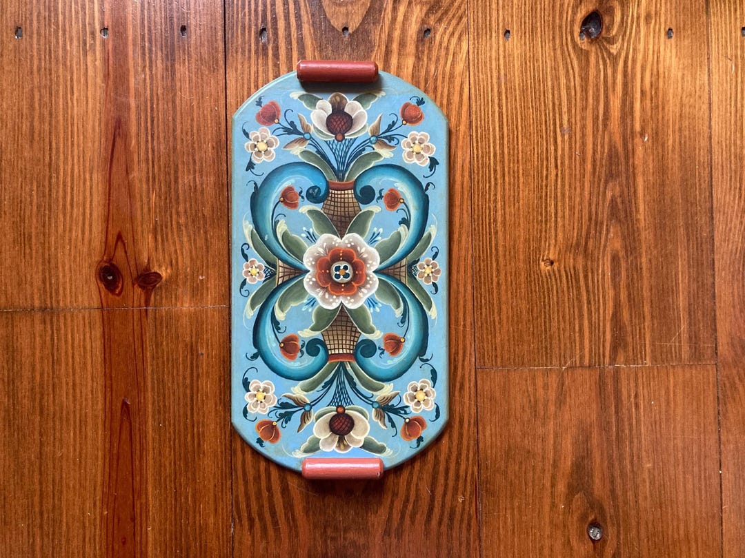 Vintage Folk Art Hand Painted Blue Orange Green Floral Wooden Wall Plaque