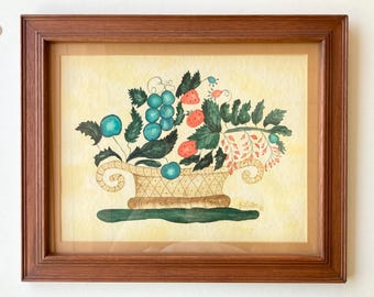 Vintage Fruit and Floral Basket Theorem Watercolor Painting