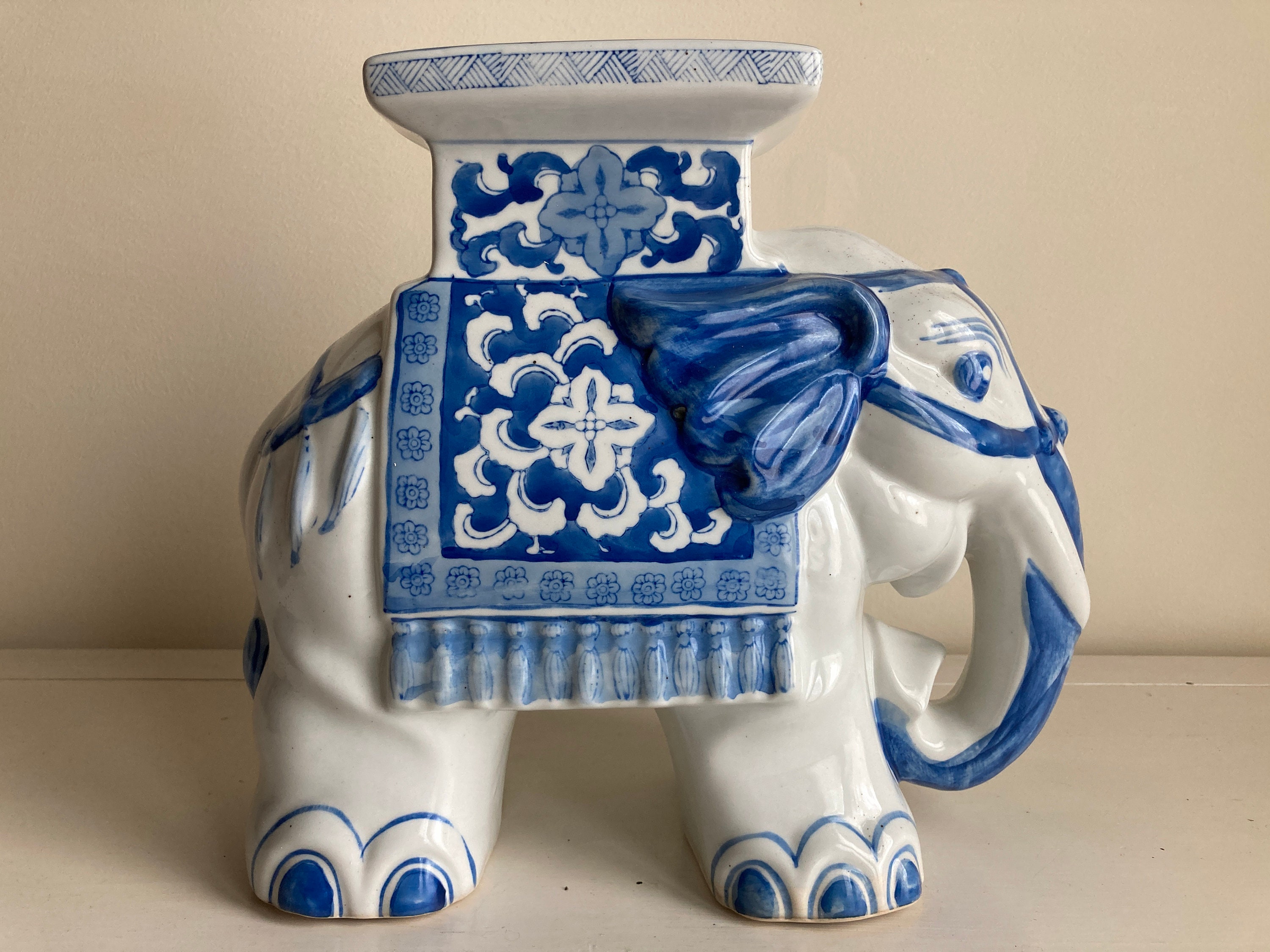 Vintage Blue and White Ceramic Elephant Plant Stand Etsy