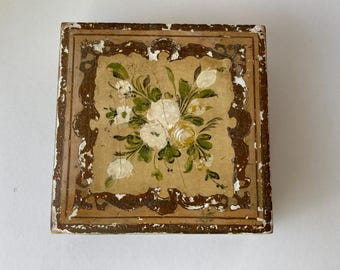 Vintage Italian Floral Gilt Square Wooden Jewelry Trinket Box