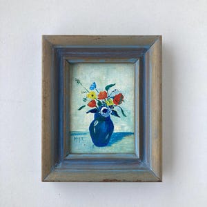 Vintage Primary Color Flowers in Vase Still Life Miniature Framed Painting